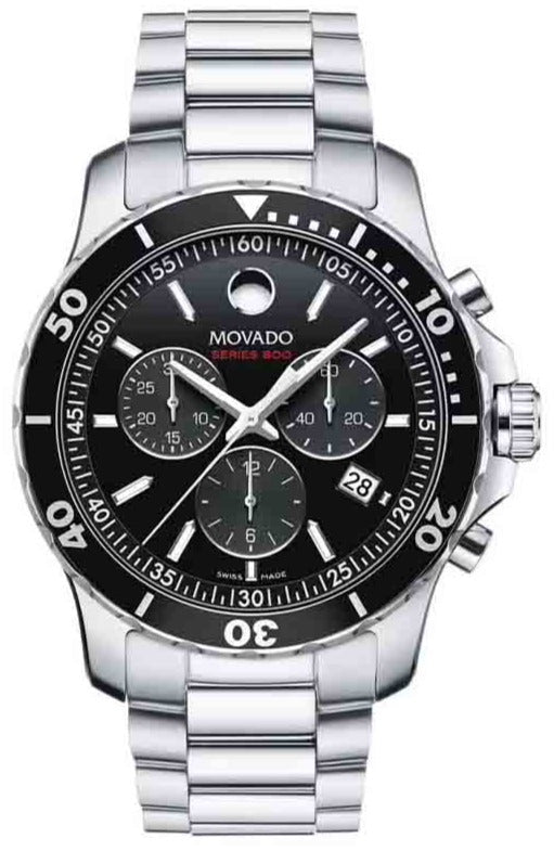 Movado Series 800 Chronograph Black Dial Silver Steel Strap Watch For Men - 2600142 Authentic Buy Shop Now