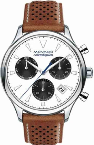 Movado Heritage Calendoplan Chronograph White Dial Brown Leather Strap Watch for Men - 3650008 Authentic Buy Shop Now