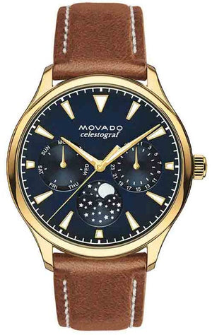 Movado Heritage Celestograf Navy Blue Dial Brown Leather Strap Watch For Women - 3650010 Authentic Buy Shop Now