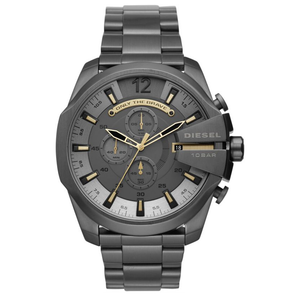 Diesel Mega Chief Chronograph Grey Dial Grey Steel Strap Watch For Men - DZ4466 Authentic Buy Shop Now