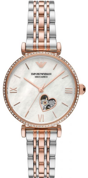 Emporio Armani Meccanico Automatic Mother of Pearl Dial Two Tone Steel Strap Watch For Women - AR60049 Authentic Buy Shop Now