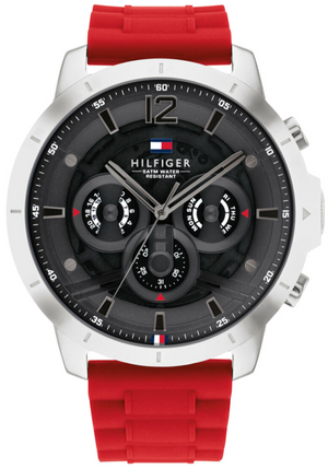 Tommy Hilfiger Luca Chronograph Grey Dial Red Silicone Strap Watch For Men - 1710490 Authentic Buy Shop Now