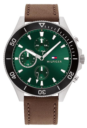 Tommy Hilfiger Larson Chronograph Green Dial Brown Leather Strap Watch For Men - 1791983 Authentic Buy Shop Now