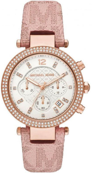 Michael Kors Parker Chronograph White Dial Pink Leather Strap Watch For Women - MK6935 Authentic Buy Shop Now