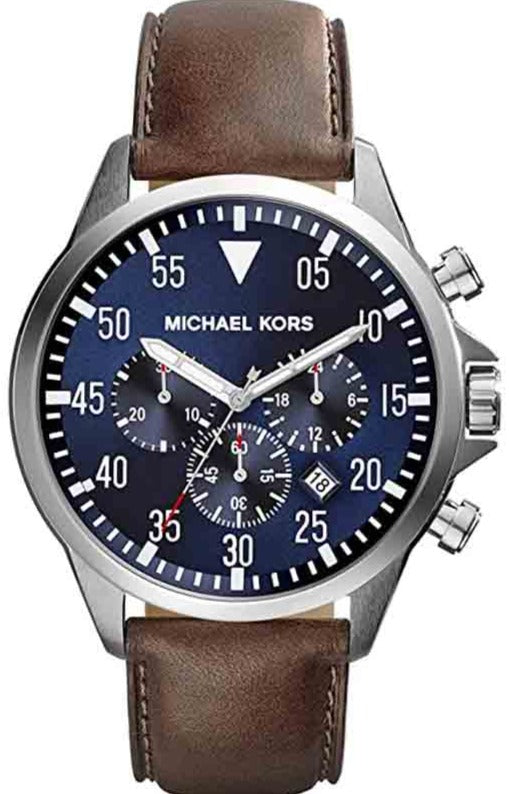 Michael Kors Gage Chronograph Blue Dial Brown Leather Strap Watch For Men - MK8362 Authentic Buy Shop Now