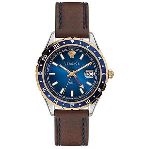 Versace Hellenyium GMT Blue Dial Brown Leather Strap Watch for Men - V11080017 Authentic Buy Shop Now