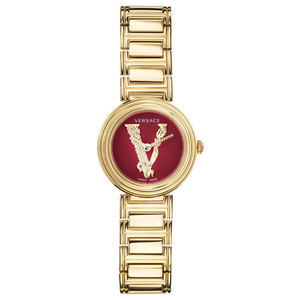 Versace Virtus Mini Quartz Red Dial Gold Steel Strap Watch For Women - VET300321 Authentic Buy Shop Now