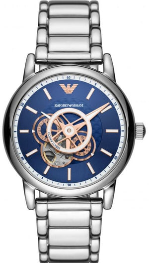 Emporio Armani Luigi Chronograph Skeleton Blue Dial Silver Steel Strap Watch For Men - AR60036 Authentic Buy Shop Now