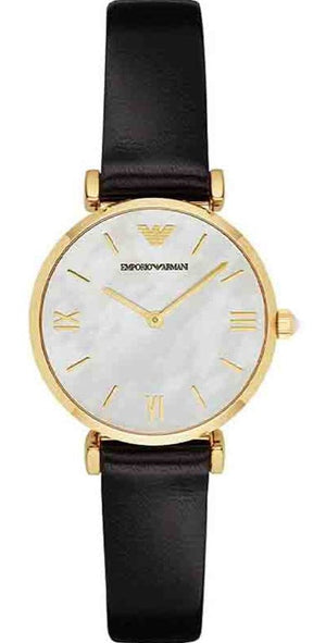 Emporio Armani Gianni T-Bar Quartz Mother of Pearl Dial Black Leather Strap Watch For Women - AR1910 Authentic Buy Shop Now