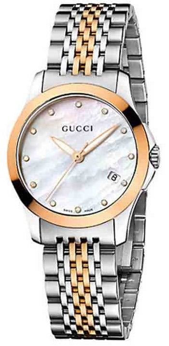 Gucci G Timeless Diamonds Mother of Pearl Dial Two Tone Mesh Bracelet Watch For Women - YA126514 Authentic Buy Shop Now