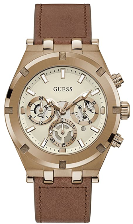 Guess Analog Multifunction White Dial Brown Leather Strap Watch for Men - GW0262G3 Authentic Buy Shop Now