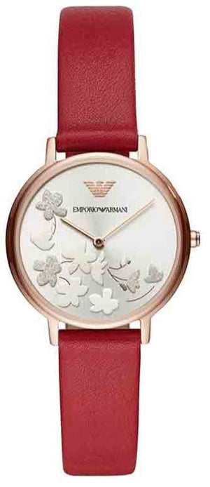 Emporio Armani Kappa Classic Quartz Silver Dial Red Leather Strap Watch For Women - AR11114 Authentic Buy Shop Now