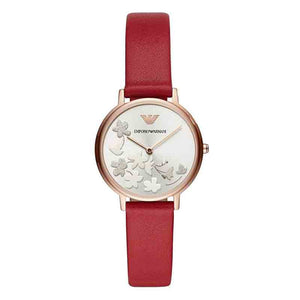 Emporio Armani Kappa Classic Quartz Silver Dial Red Leather Strap Watch For Women - AR11114 Authentic Buy Shop Now