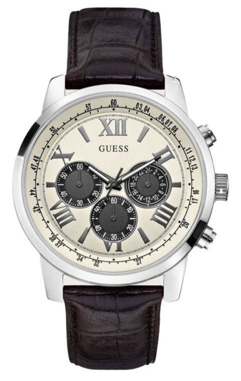 Guess Chronograph Quartz White Dial Brown Leather Strap Watch For Men - W0380G1 Authentic Buy Shop Now