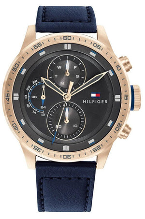 Tommy Hilfiger Trent Chronograph Grey Dial Black Leather Strap Watch For Men - 1791808 Authentic Buy Shop Now