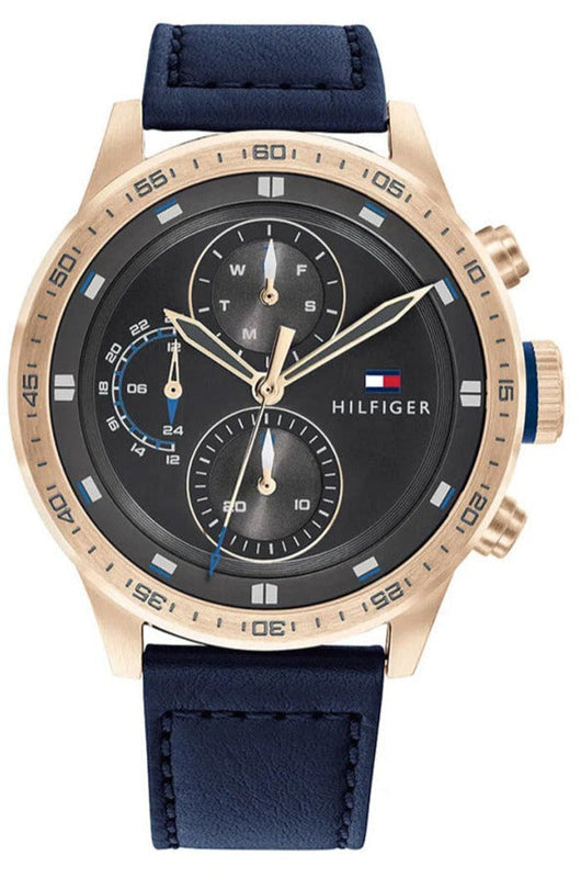 Tommy Hilfiger Trent Chronograph Grey Dial Black Leather Strap Watch For Men - 1791808 Authentic Buy Shop Now