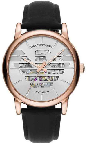 Emporio Armani Meccanico Skeleton Silver Dial Black Leather Strap Watch For Men - AR60031 Authentic Buy Shop Now