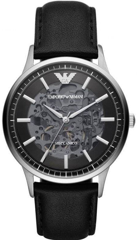 Emporio Armani Meccanico Skeleton Automatic Black Dial Black Leather Strap Watch for Men - AR60038 Authentic Buy Shop Now