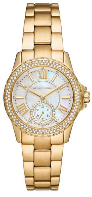 Michael Kors Everest Three-Hand Mother of Pearl White Dial Gold Steel Strap Watch For Women - MK7363 Authentic Buy Shop Now