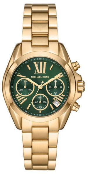 Michael Kors Bradshaw Chronograph Green Dial Gold Steel Strap Watch For Women - MK7257 Authentic Buy Shop Now