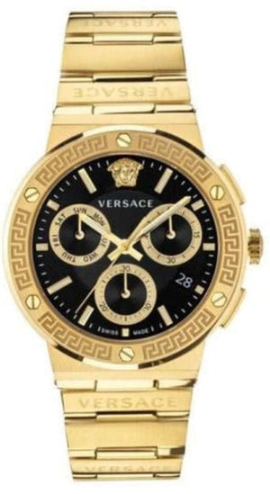 Versace Greca Chronograph Black Dial Gold Steel Strap Watch For Men - VEZ900421 Authentic Buy Shop Now