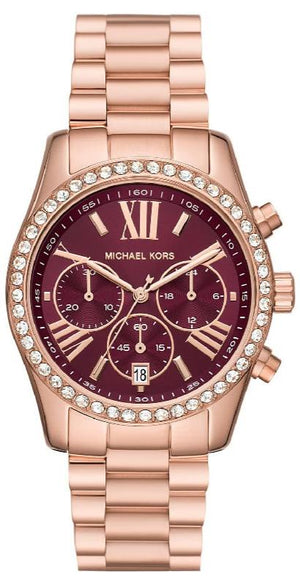 Michael Kors Lexington Chronograph Red Dial Rose Gold Steel Strap Watch For Women - MK7275 Authentic Buy Shop Now
