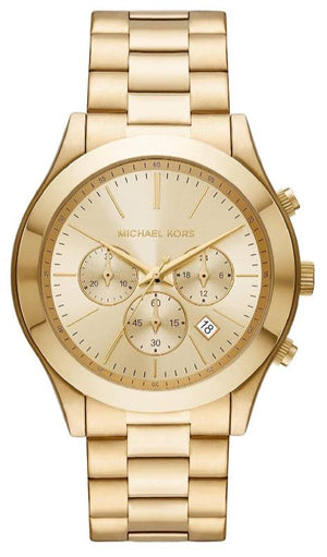 Michael Kors Slim Runway Chronograph Gold Dial Gold Steel Strap Watch For Men - MK8909 Authentic Buy Shop Now