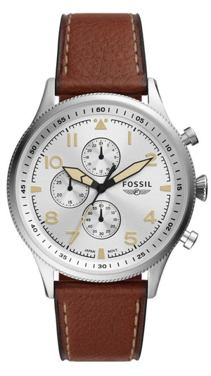 Fossil Retro Pilot Chronograph Silver Dial Brown Leather Strap Watch for Men - FS5809 Authentic Buy Shop Now