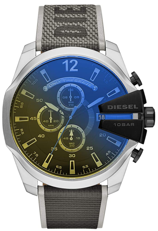 Diesel Mega Chief Chronograph Black Dial Grey Nylon Strap Watch For Men - DZ4523 Authentic Buy Shop Now