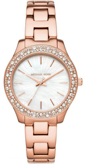 Michael Kors Lilane Three Hand Mother of Pearl White Dial Rose Gold Steel Strap Watch For Women - MK4557 Authentic Buy Shop Now
