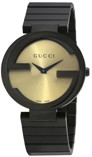 Gucci Interlocking G Quartz Gold Dial Black Steel Strap Watch For Women - YA133314 Authentic Buy Shop Now