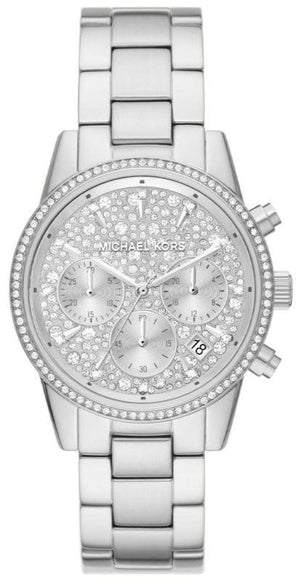 Michael Kors Ritz Chronograph Crystals Silver Dial Silver Steel Strap Watch For Women - MK7301 Authentic Buy Shop Now