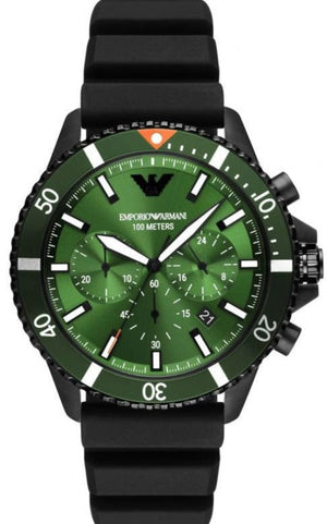 Emporio Armani Diver Chronograph Quartz Green Dial Black Silicon Strap Watch For Men - AR11463 Authentic Buy Shop Now