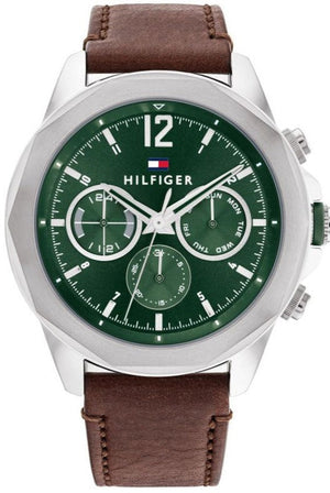 Tommy Hilfiger Lars Chronograph Green Dial Brown Leather Strap Watch For Men - 1792064 Authentic Buy Shop Now