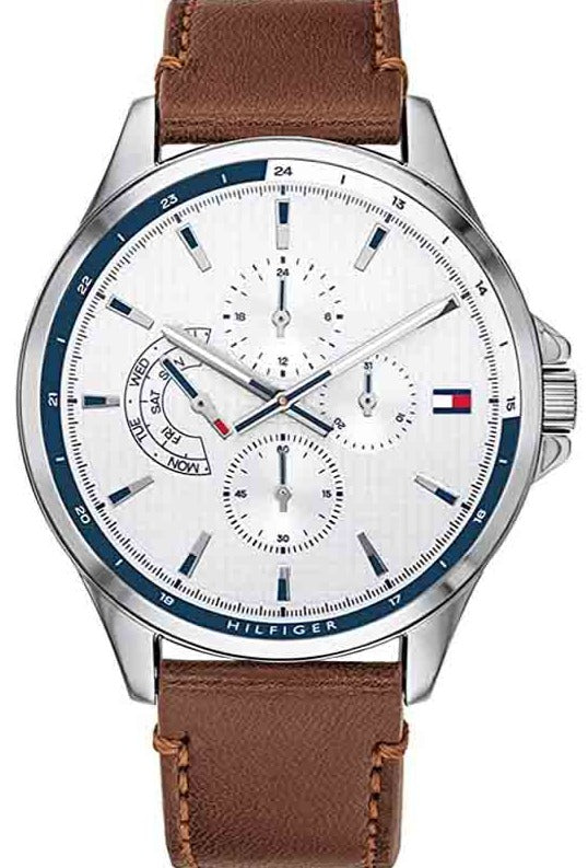 Tommy Hilfiger Multi Function Quartz White Dial Brown Leather Strap Watch for Men - 1791614 Authentic Buy Shop Now