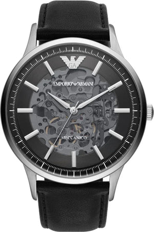 Emporio Armani Meccanico Skeleton Automatic Black Dial Black Leather Strap Watch for Men - AR60038 Authentic Buy Shop Now