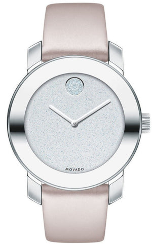 Movado Bold Glitter Silver Dial Pink Leather Strap Watch For Women - 3600522 Authentic Buy Shop Now
