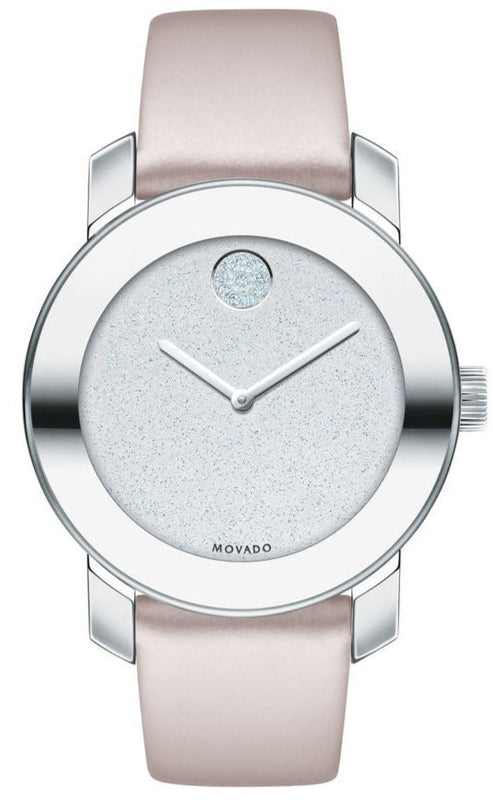 Movado Bold Glitter Silver Dial Pink Leather Strap Watch For Women - 3600522 Authentic Buy Shop Now