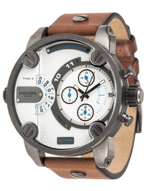 Diesel SBA Dual Time Chronograph White Dial Brown Leather Strap Watch For Men - DZ7269 Authentic Buy Shop Now