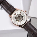 Emporio Armani Epoca White Skeletal Dial Black Leather Strap Watch For Men - AR2073 Authentic Buy Shop Now