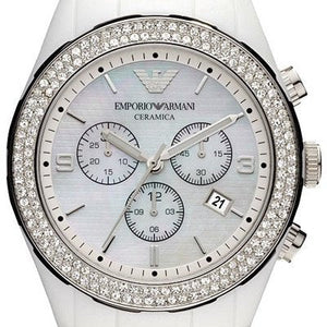 Emporio Armani Ceramica Chronograph White Dial White Ceramic Strap Watch For Women - AR1456 Authentic Buy Shop Now