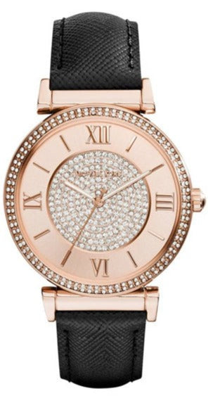 Michael Kors Catlin Rose Gold Crystal Dial Black Leather Strap Watch for Women - MK2376 Authentic Buy Shop Now
