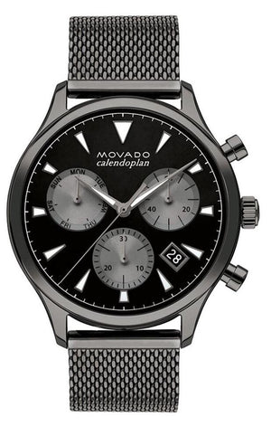 Movado Heritage Calendoplan Chronograph Black Dial Grey Mesh Strap Watch for Men - 3650100 Authentic Buy Shop Now