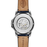 Fossil Grant Automatic Skeleton Silver Dial Blue Leather Strap Watch for Men - ME3111 Authentic Buy Shop Now