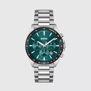 Hugo Boss Strike Chronograph Green Dial Silver Steel Strap Watch for Men - 1514241 Authentic Buy Shop Now