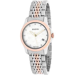 Gucci G Timeless Diamonds Mother of Pearl Dial Two Tone Mesh Bracelet Watch For Women - YA126514 Authentic Buy Shop Now