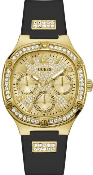Guess Duchess Crystals Gold Dial Black Silicon Strap Watch For Women - GW0619L2 Authentic Buy Shop Now
