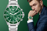 Emporio Armani Diver Chronograph Green Dial Silver Steel Strap Watch For Men - AR11500 Authentic Buy Shop Now