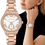 Michael Kors Sage Three-Hand Mother of Pearl White Dial Rose Gold Steel Strap Watch for Women - MK4806 Authentic Buy Shop Now
