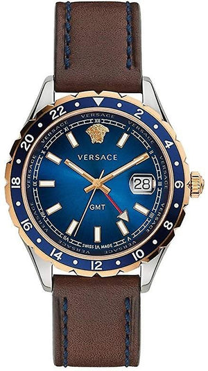 Versace Hellenyium GMT Blue Dial Brown Leather Strap Watch for Men - V11080017 Authentic Buy Shop Now